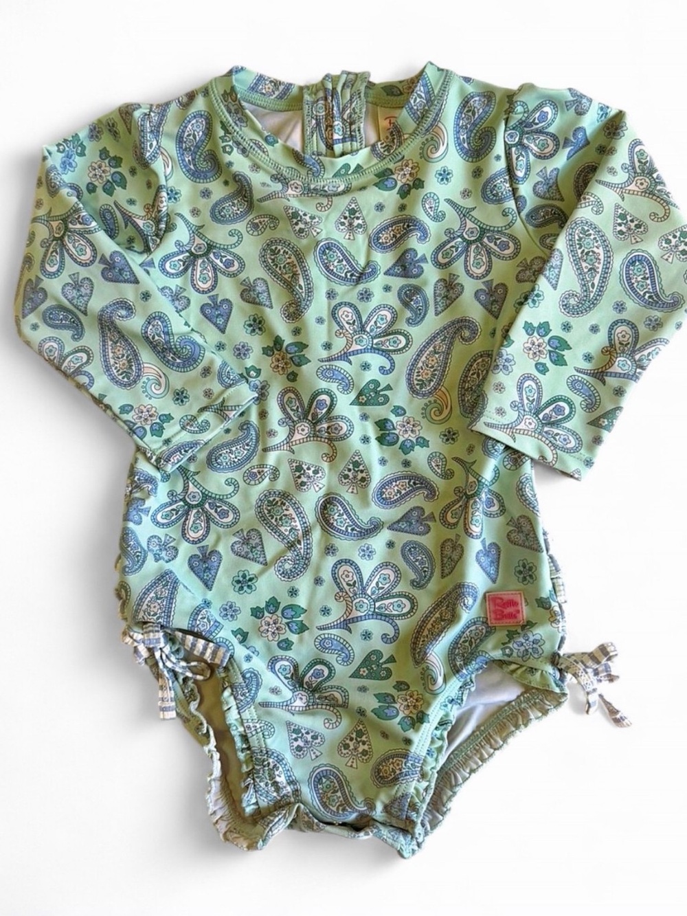 RuffleButts Sea Glass Paisley long-sleeve one-piece rashguard swimsuit size 2t